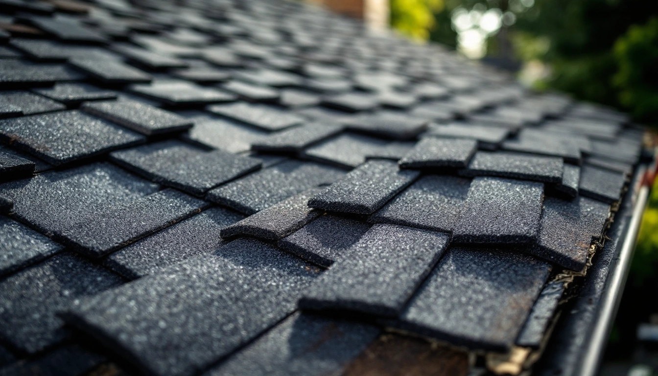 staggered dark asphalt shingles beside a roof edge