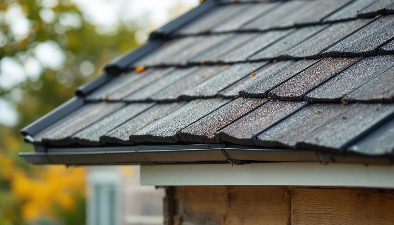 Shingled roof edge above a wall