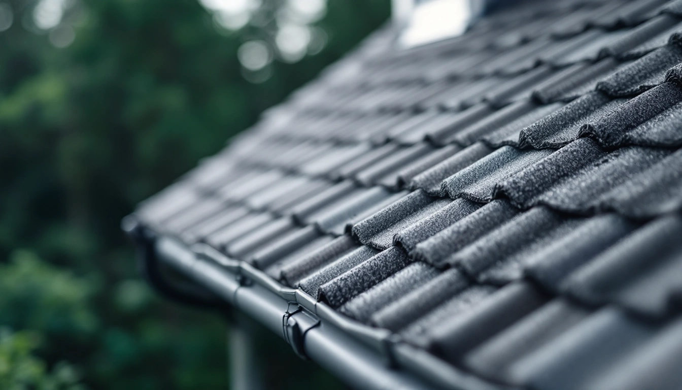 Ridged dark roof surface viewed along its slope