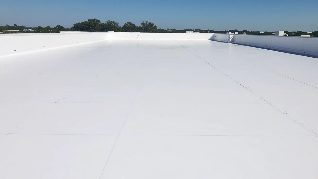 Flat commercial roof covered in white single-ply membrane with welded seams
