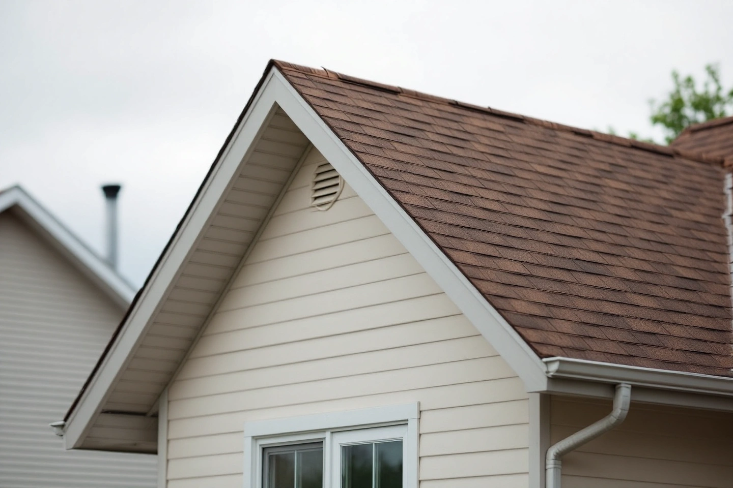 a brown shingle gable roof above a light house exterior