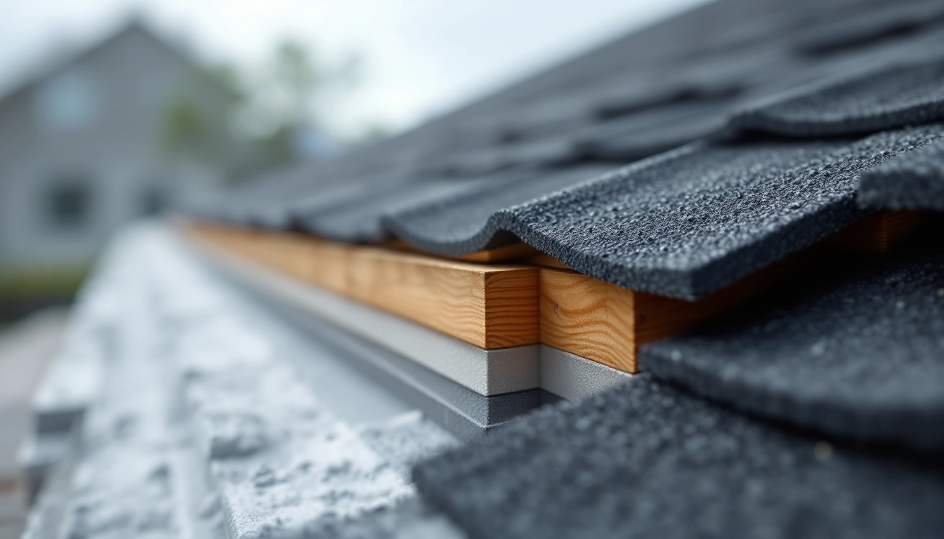 Dark roof edge above visible wood layers
