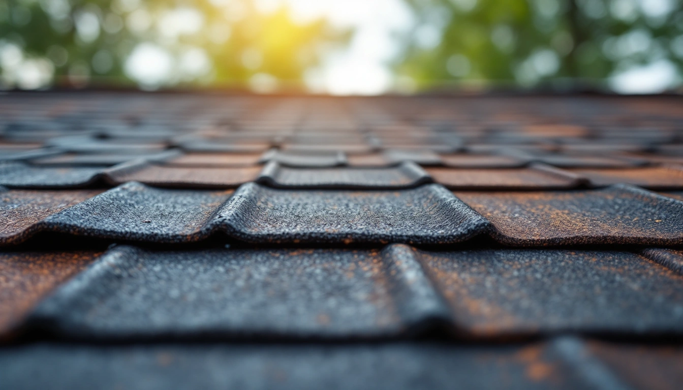 Close view of overlapping dark roof pieces
