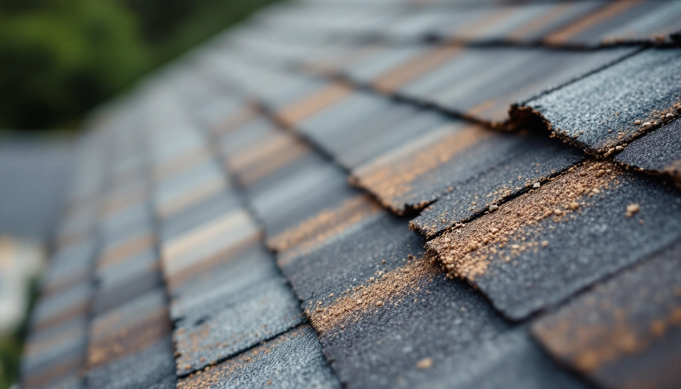 worn gray shingles with lifted edges and loose granules