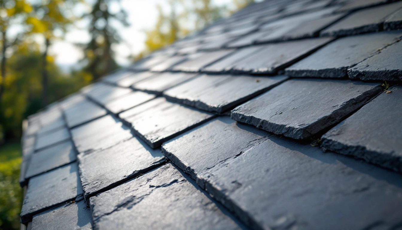 Rows of gray shingles on a pitched roof