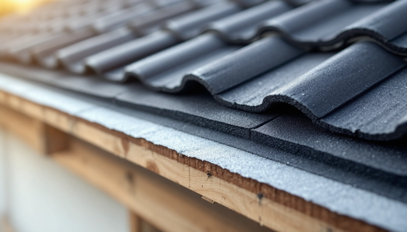 Curved gray roof tiles beside an eave