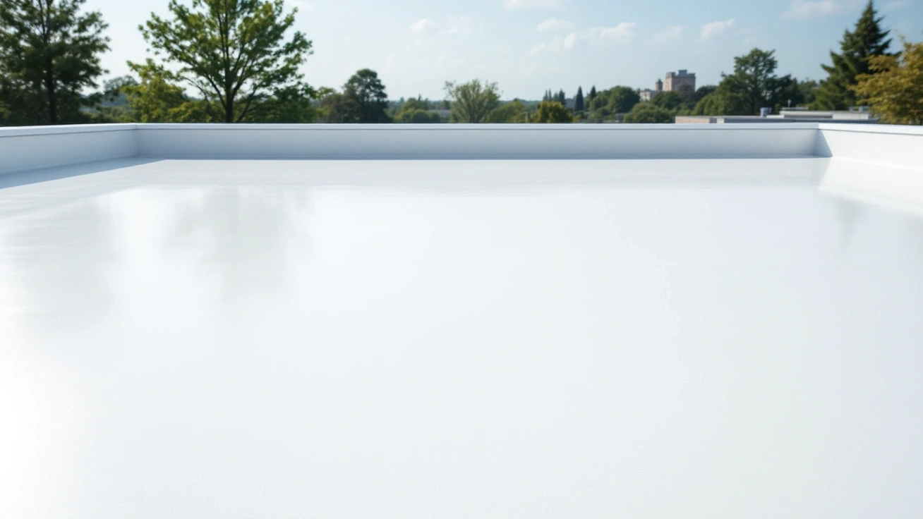 White low-slope membrane roof surface within a low parapet