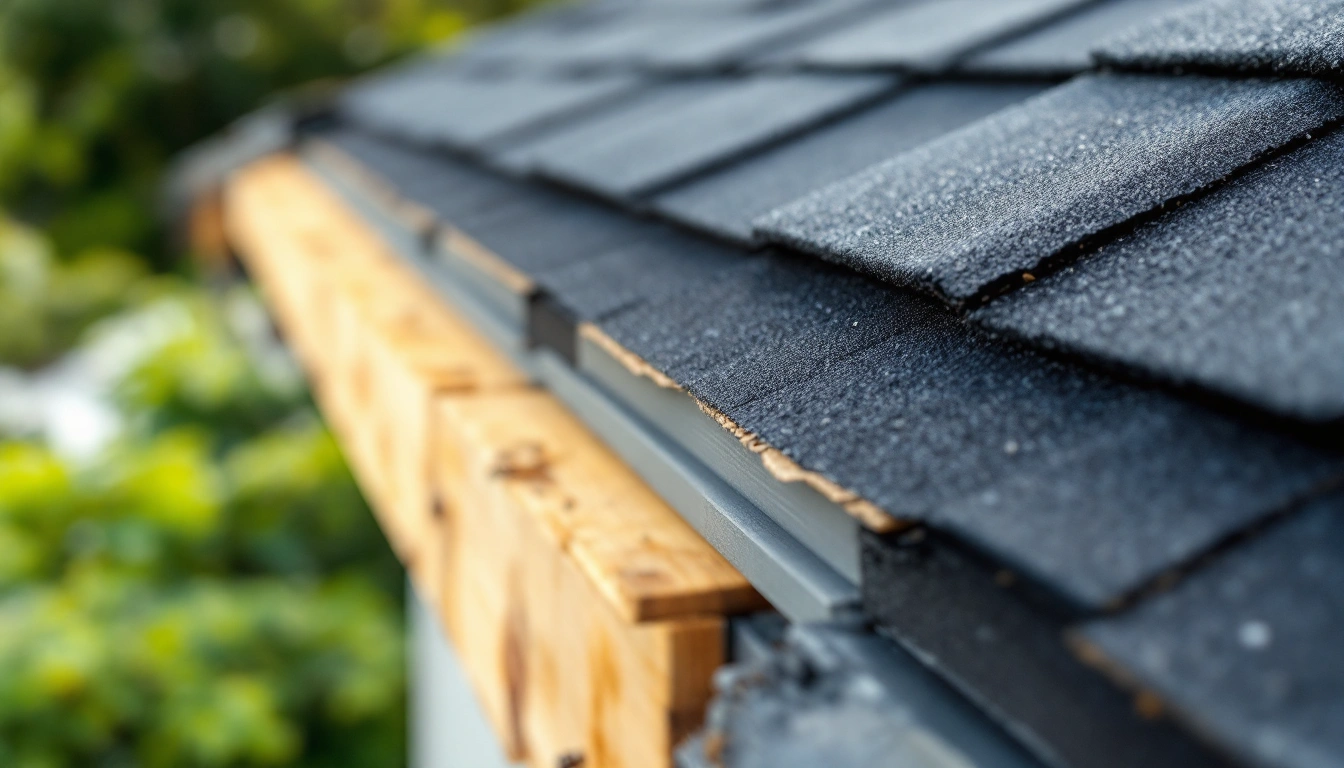 Overlapping dark roof pieces above a wood edge